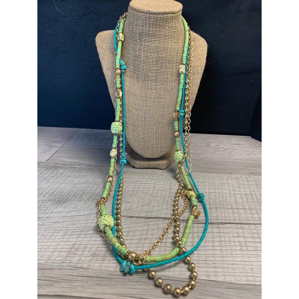 Chicos Multi Strand Beaded Statement Necklace Gold Tone Turquoise Green 36 Inch